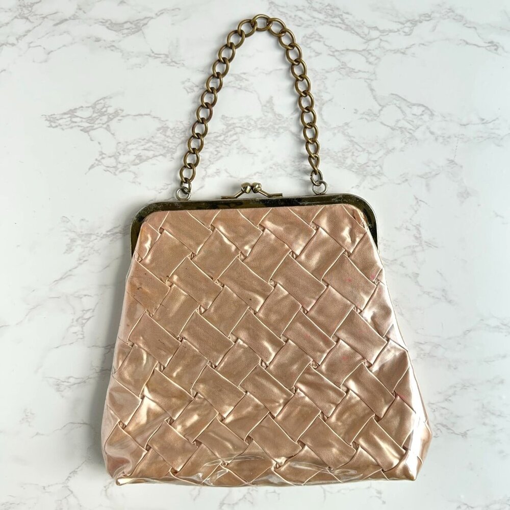 Vintage 1950s Woven Satin Handbag With Vinyl Overlay Chain Handle Gold